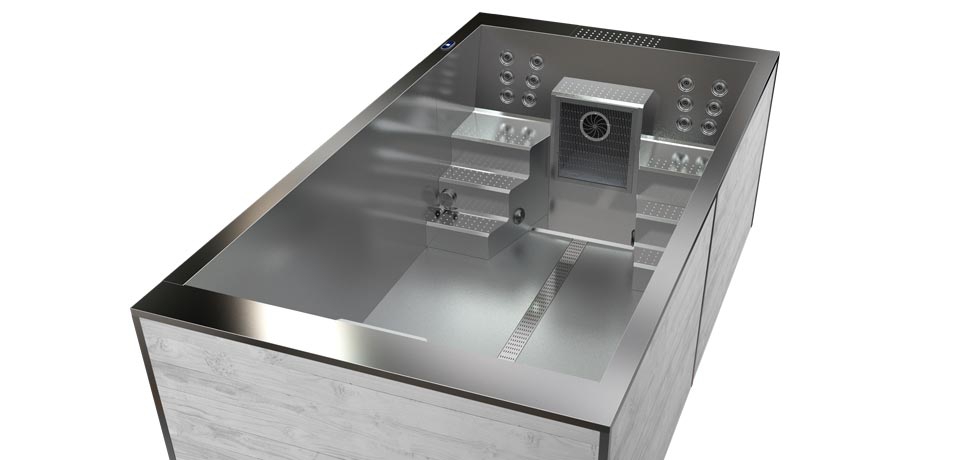 Wellis InoxLine Kongo Swim Spa Wellis InoxLine Kongo Swim Spa / Stainless steel jacuzzi picture. Spa whirlpools upside view. Swim spa with turbine.